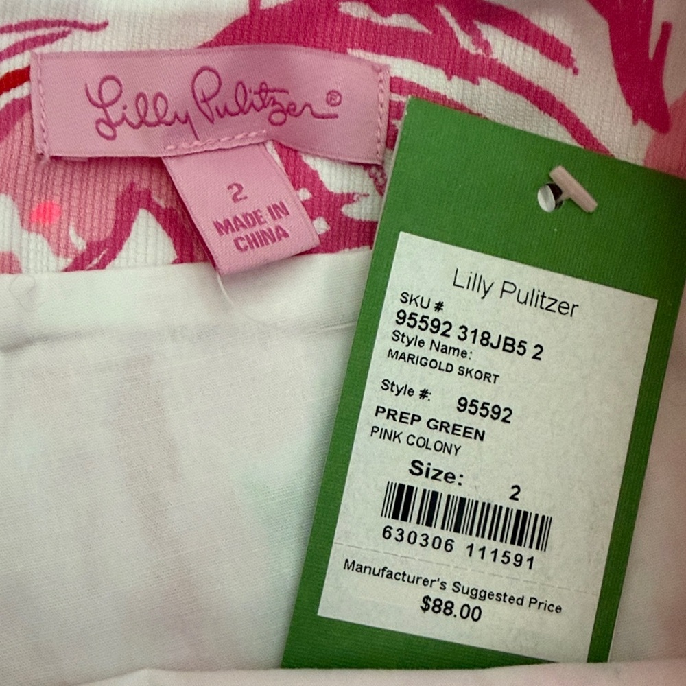 Lilly Pulitzer Pink & Green Flamingo Marigold skort with White Trim, 2, NWT - Picture 4 of 8